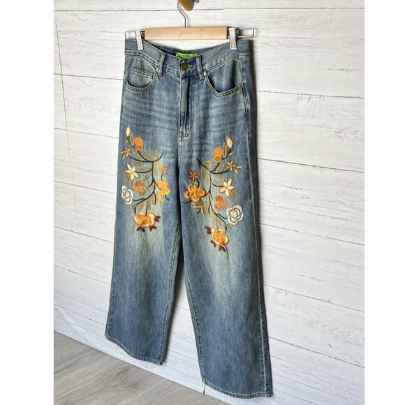 Sandrine Rose Jeans Womens Size 25 Floral Embroidered Wide Leg 100% Cotton - Picture 5 of 16